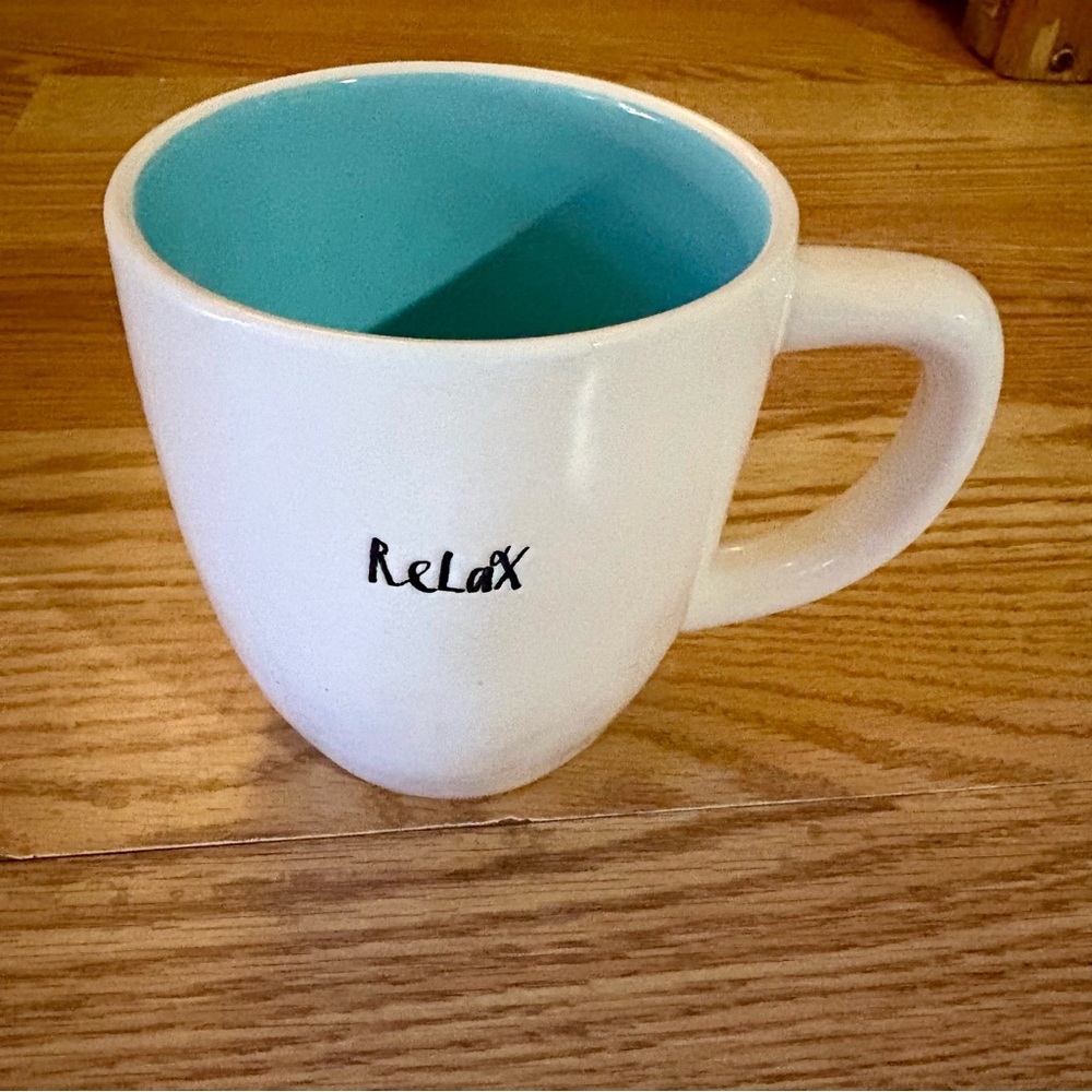 Rae Dunn White and Teal Relax Mug